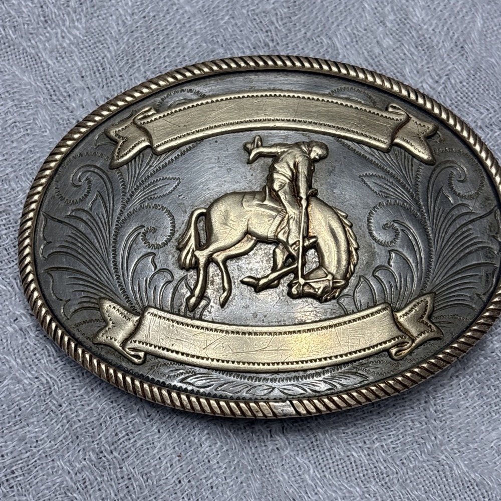 Vtg Nickel German Silver Justin Western Belt Buckle Rodeo Cowboy Horse  Bronco